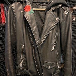 All Saints Extra Small jacket (stretched, so considered small). Detachable hood.